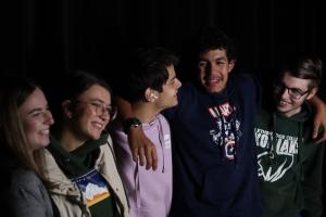 Rheanna Mirus, Sydnee Doiron, Regis Amelinckx, Jacob Penner and Kolten Bezooyen share a laugh.